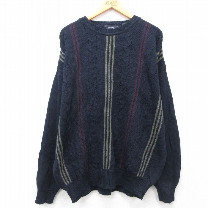 XL★古着 長袖 ケーブル セーター メンズ 00年代 00s 大きいサイズ クルーネック 紺 ネイビー 24oct08 中古 ニット トップス