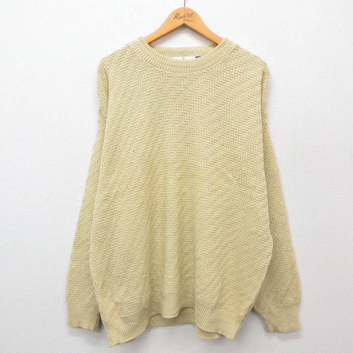 XL★古着 長袖 セーター メンズ 90年代 90s 手織り 大きいサイズ コットン クルーネック 生成り 24oct08 中古 ニット トップス