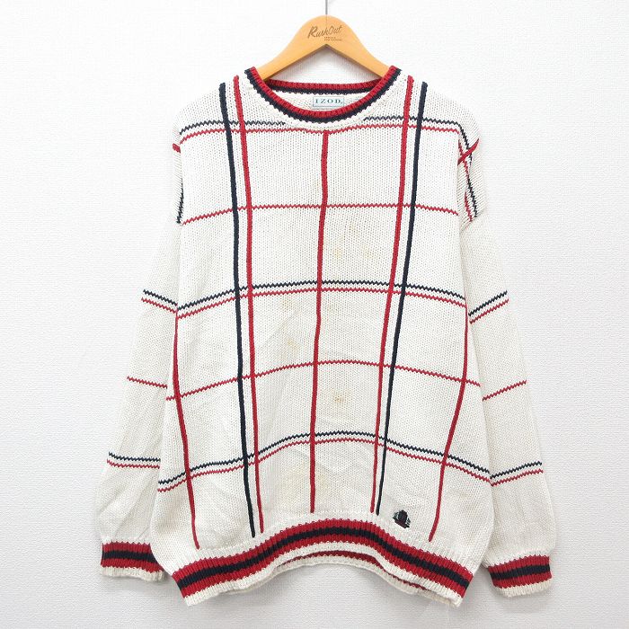 XL★古着 IZOD 長袖 セーター メンズ 90年代 90s ワンポイントロゴ 大きいサイズ コットン クルーネック 白他 ホワイト 24oct08 中古 ニット トップス