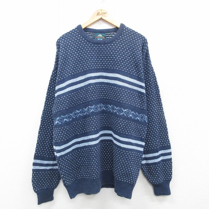 【50%OFF】XL★古着 ジャンセン 長袖 セーター メンズ 90年代 90s コットン クルーネック USA製 紺 ネイビー 24oct09 中古 ニット トップス