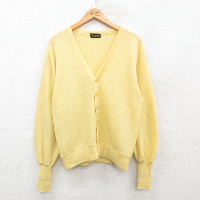 【50%OFF】M★古着 長袖 ニット カーディガン メンズ 80年代 80s 無地 黄 イエロー 24oct09 中古 トップス