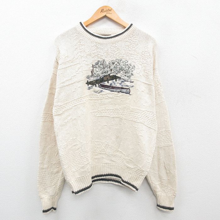 L★古着 長袖 セーター メンズ 90年代 90s 釣り ボート 刺繍 コットン クルーネック USA製 生成り 24oct09 中古 ニット トップス