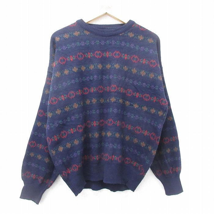 XL★古着 長袖 セーター メンズ 90年代 90s 大きいサイズ ウール クルーネック イタリア製 紺他 ネイビー 24oct11 中古 ニット トップス