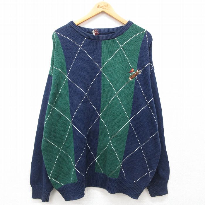 XL★古着 長袖 セーター メンズ 00年代 00s ゴルフ バーズアイ 大きいサイズ コットン クルーネック 濃紺他 ネイビー 24oct11 中古 ニット トップス