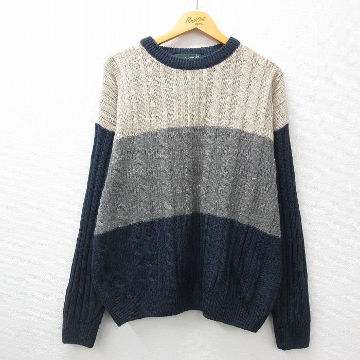 XL★古着 長袖 ケーブル セーター メンズ 90年代 90s 大きいサイズ クルーネック カナダ製 紺他 ネイビー 24oct11 中古 ニット トップス