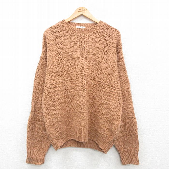 【50%OFF】XL★古着 長袖 セーター メンズ 90年代 90s 大きいサイズ コットン クルーネック USA製 茶 ブラウン 24oct12 中古 ニット トップス
