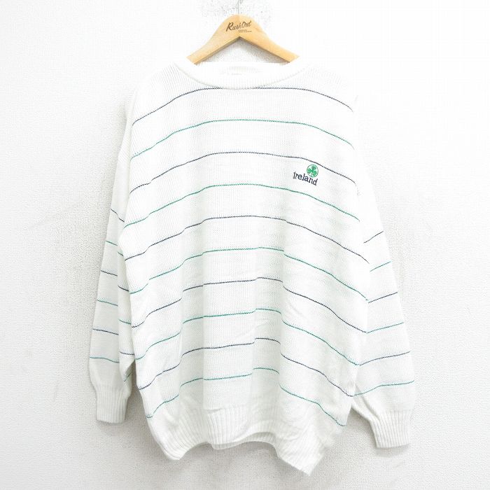 XL★古着 長袖 セーター メンズ 80年代 80s アクリル クルーネック アイルランド製 白 ホワイト 24oct12 中古 ニット トップス