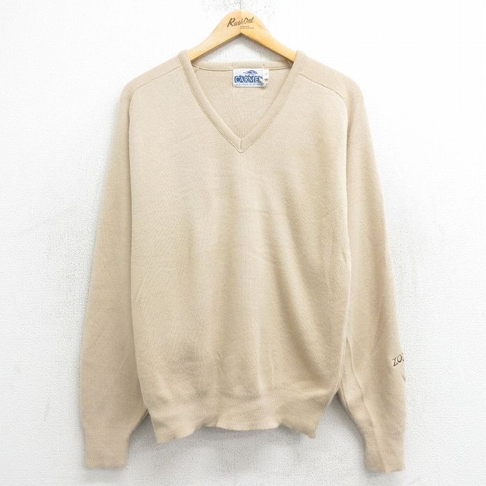 L★古着 長袖 セーター メンズ 90年代 90s アクリル ラグラン Vネック USA製 ベージュ カーキ 24oct12 中古 ニット トップス