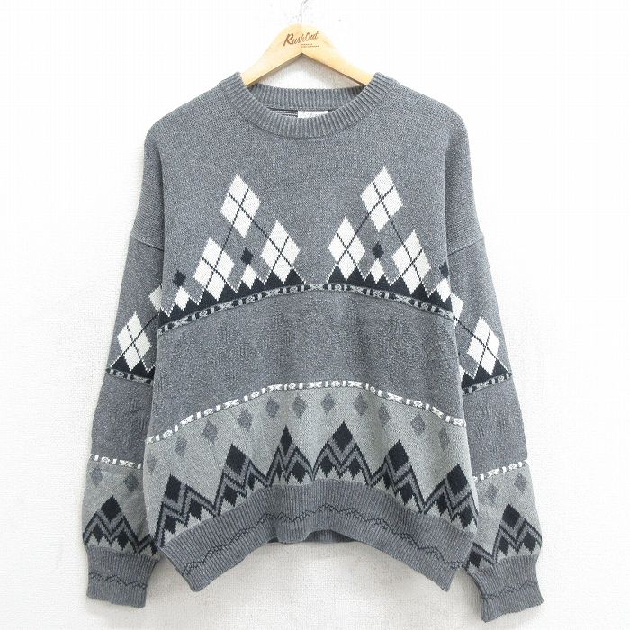 【50%OFF】XL★古着 長袖 セーター メンズ アーガイル クルーネック グレー 24oct12 中古 ニット トップス