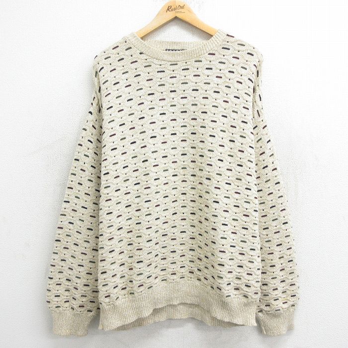 XL★古着 長袖 セーター メンズ 90年代 90s 大きいサイズ クルーネック USA製 薄ベージュ カーキ 24oct12 中古 ニット トップス