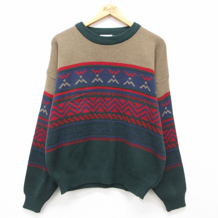 【50%OFF】L★古着 シアーズ 長袖 セーター メンズ 90年代 90s アクリル クルーネック 緑他 グリーン 24oct15 中古 ニット トップス