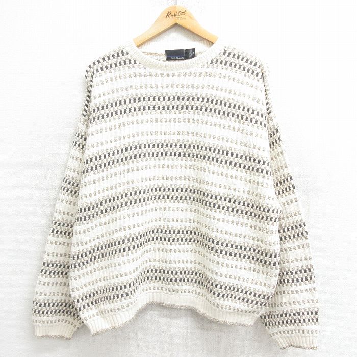 【50%OFF】XL★古着 長袖 セーター メンズ 90年代 90s 手織り 大きいサイズ クルーネック USA製 ベージュ他 カーキ 24oct15 中古 ニット トップス