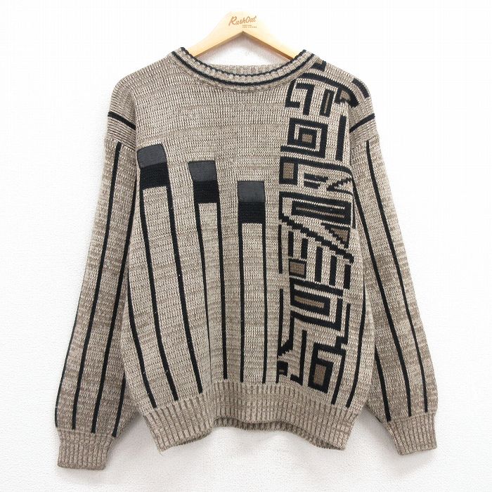 【50%OFF】L★古着 長袖 セーター メンズ 00年代 00s レザー使用 アクリル クルーネック ベージュ他 カーキ 24oct15 中古 ニット トップス
