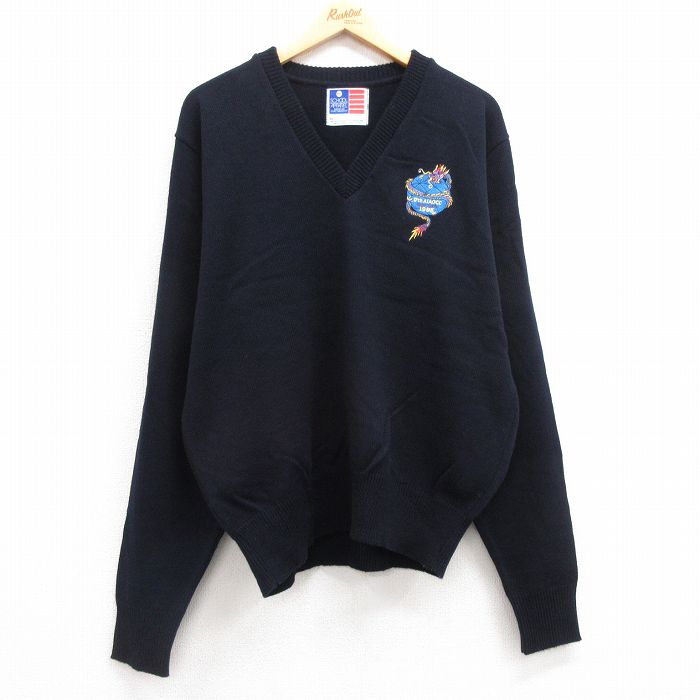 【50%OFF】XL★古着 長袖 セーター メンズ 90年代 90s 龍 ボストン 大きいサイズ アクリル Vネック 濃紺 ネイビー 24oct15 中古 ニット トップス