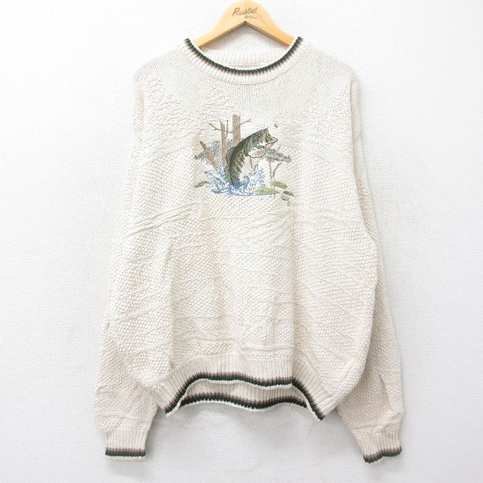 XL★古着 長袖 セーター メンズ 90年代 90s 魚 刺繍 大きいサイズ コットン クルーネック USA製 白他 ホワイト 24oct16 中古 ニット トップス