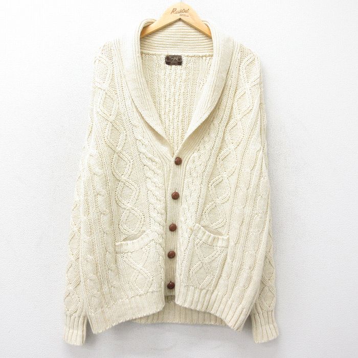 XL★古着 長袖 ケーブル ニット カーディガン メンズ 90年代 90s 大きいサイズ ハート ショールカラー 生成り 24oct16 中古 トップス