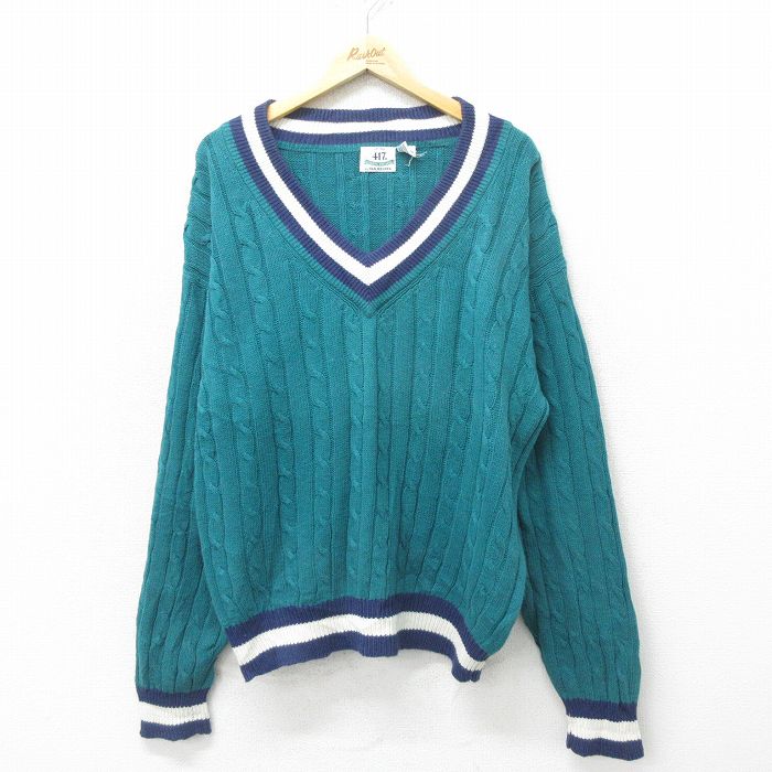 XL★古着 バンヒューセン 長袖 チルデン ケーブル セーター メンズ 90年代 90s コットン Vネック 青緑 24oct16 中古 ニット トップス