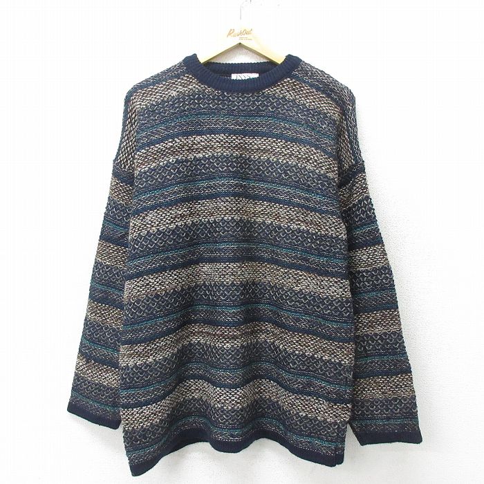 XL★古着 長袖 セーター メンズ 90年代 90s クルーネック カナダ製 紺 ネイビー ボーダー 24oct17 中古 ニット トップス