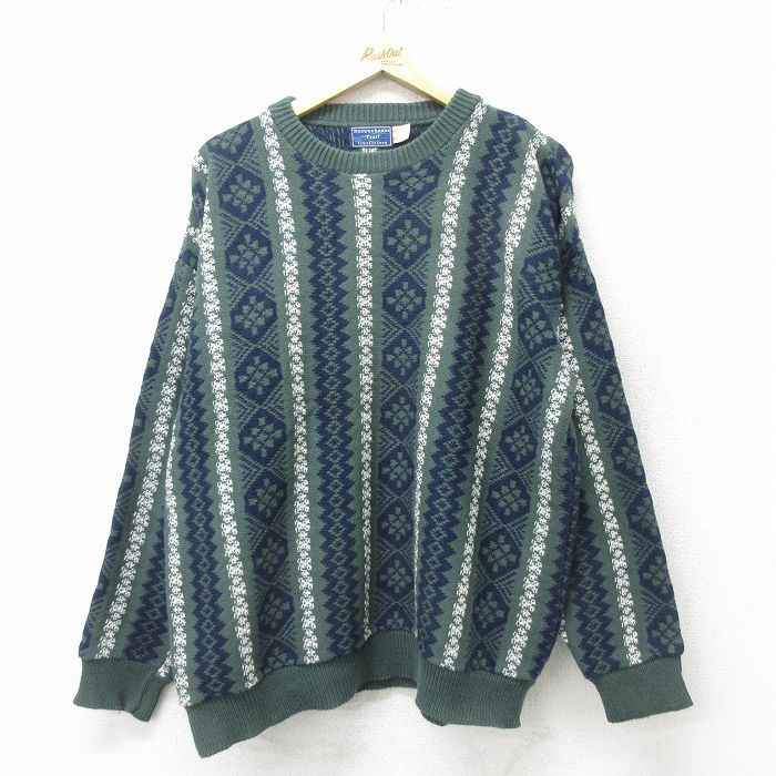 XL★古着 長袖 セーター メンズ 90年代 90s コットン クルーネック USA製 緑 グリーン 24oct17 中古 ニット トップス