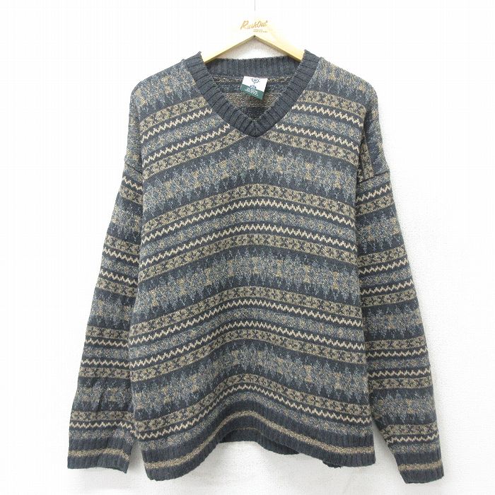 L★古着 長袖 セーター メンズ 90年代 90s フェアアイル Vネック USA製 濃グレー他 24oct17 中古 ニット トップス