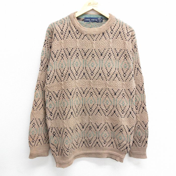 【20%OFF】M★古着 長袖 セーター メンズ 90年代 90s クルーネック USA製 ベージュ カーキ 24oct17 中古 ニット トップス