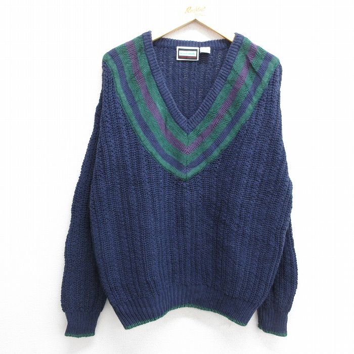 【50%OFF】XL★古着 長袖 セーター メンズ 00年代 00s Vネック 紺他 ネイビー 24oct17 中古 ニット トップス