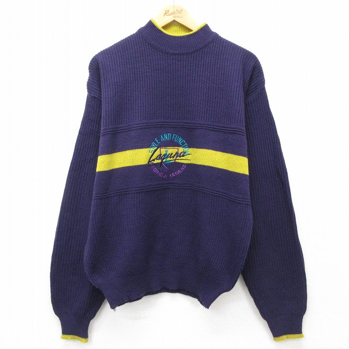 M★古着 長袖 セーター メンズ 90年代 90s LAGUNA 刺繍 アクリル モックネック ハイネック 紫他 パープル 24oct18 中古 ニット トップス