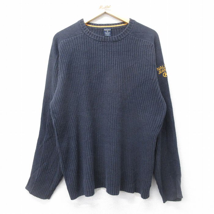 XL★古着 ノーティカ NAUTICA ジーンズ 長袖 ブランド セーター メンズ ワンポイントロゴ クルーネック 紺 ネイビー 24oct18 中古 ニット トップス