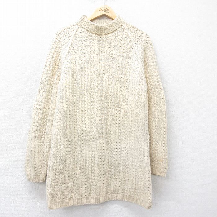 S★古着 長袖 セーター メンズ ラグラン ロング丈 ウール クルーネック 生成り 24oct18 中古 ニット トップス