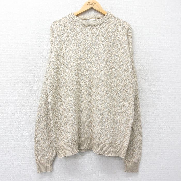 【50%OFF】L★古着 長袖 セーター メンズ 90年代 90s クルーネック USA製 薄ベージュ他 カーキ 24oct18 中古 ニット トップス