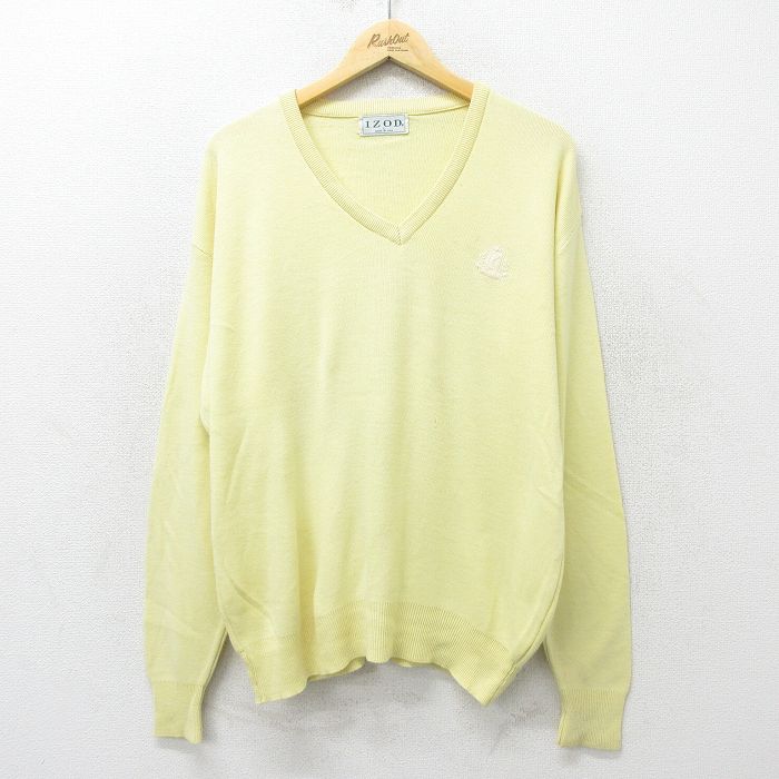 【50%OFF】XL★古着 IZOD 長袖 セーター メンズ 90年代 90s ワンポイントロゴ 大きいサイズ アクリル Vネック USA製 薄黄 イエロー 24oct18 中古 ニット トップス