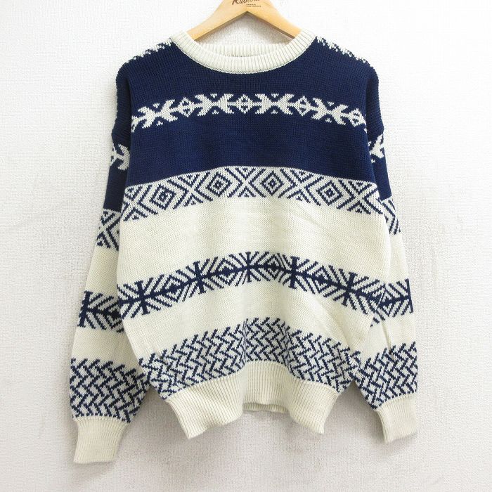 【50%OFF】L★古着 長袖 セーター メンズ 90年代 90s アクリル クルーネック 白他 ホワイト 24oct18 中古 ニット トップス