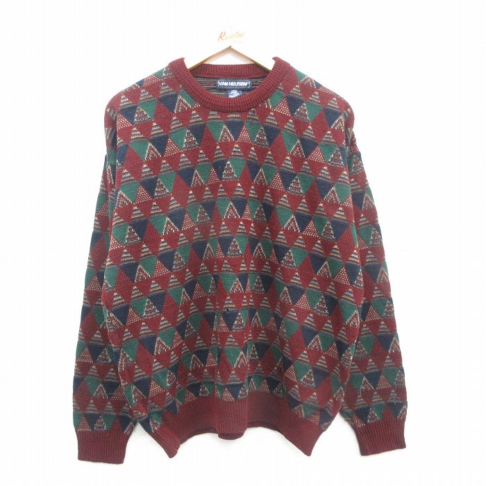 XL★古着 バンヒューセン 長袖 セーター メンズ 90年代 90s アクリル クルーネック エンジ他 24oct18 中古 ニット トップス
