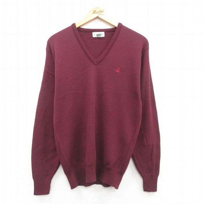 M★古着 IZOD 長袖 セーター メンズ 90年代 90s ワンポイントロゴ アクリル Vネック USA製 エンジ 24oct18 中古 ニット トップス