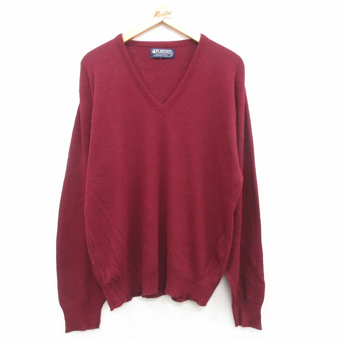 【50%OFF】XL★古着 ピューリタン 長袖 セーター メンズ 80年代 80s 無地 大きいサイズ アクリル Vネック USA製 エンジ 24oct18 中古 ニット トップス
