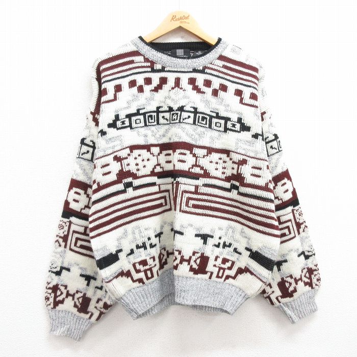 【50%OFF】XL★古着 長袖 セーター メンズ 90年代 90s アクリル クルーネック 白系他 ホワイト 24oct19 中古 ニット トップス