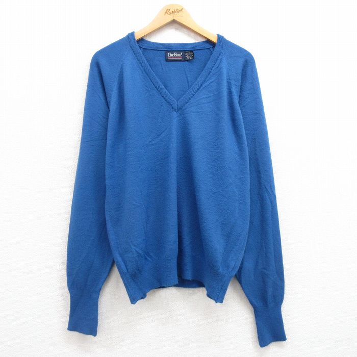 【50%OFF】L★古着 Par Four 長袖 セーター メンズ 80年代 80s 無地 ラグラン アクリル Vネック USA製 青 ブルー 24oct19 中古 ニット トップス