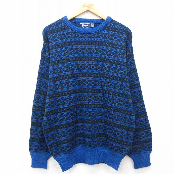 M★古着 長袖 セーター メンズ 90年代 90s アクリル クルーネック USA製 青他 ブルー 24oct19 中古 ニット トップス