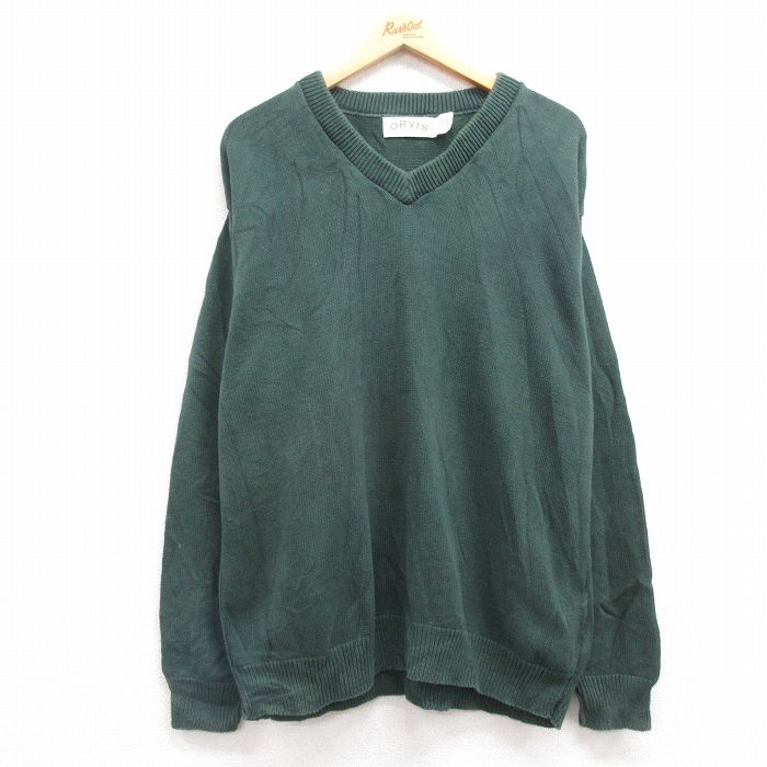 XL★古着 オービス ORVIS 長袖 セーター メンズ 90年代 90s 無地 大きいサイズ コットン Vネック USA製 緑 グリーン 24oct19 中古 ニット トップス