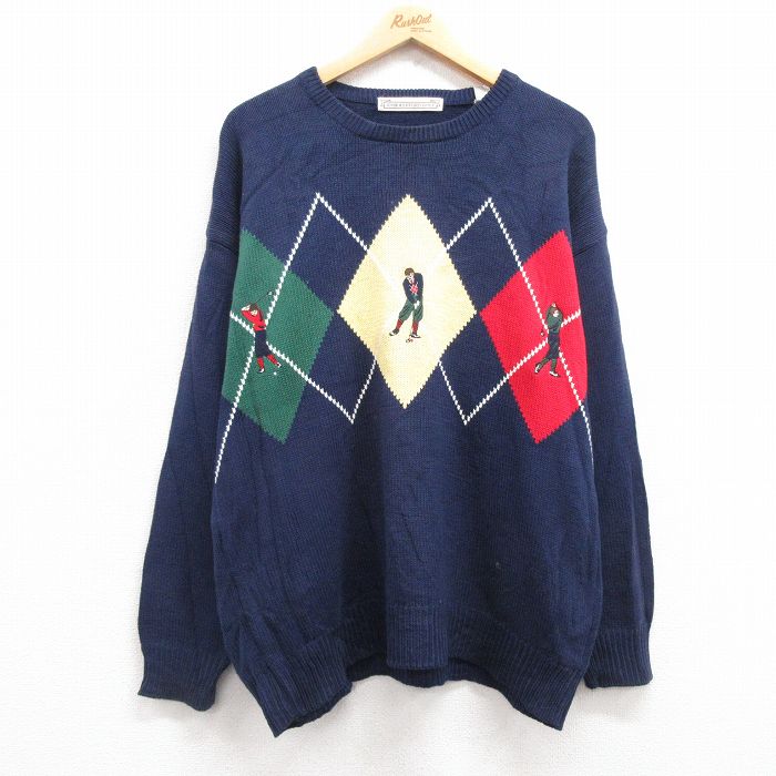 XL★古着 長袖 セーター メンズ 90年代 90s ゴルフ 刺繍 コットン クルーネック 紺 ネイビー 24oct19 中古 ニット トップス