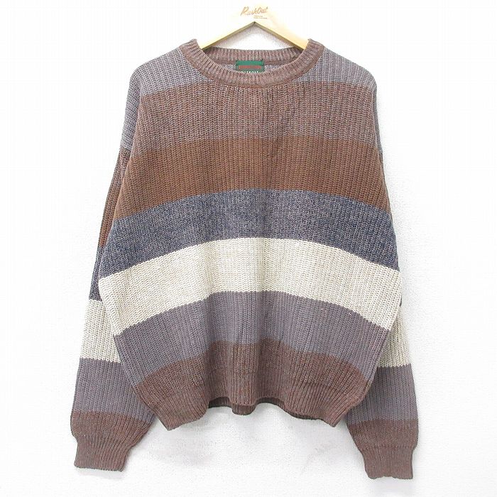XL★古着 長袖 セーター メンズ 90年代 90s 大きいサイズ クルーネック 茶他 ブラウン ボーダー 24oct19 中古 ニット トップス
