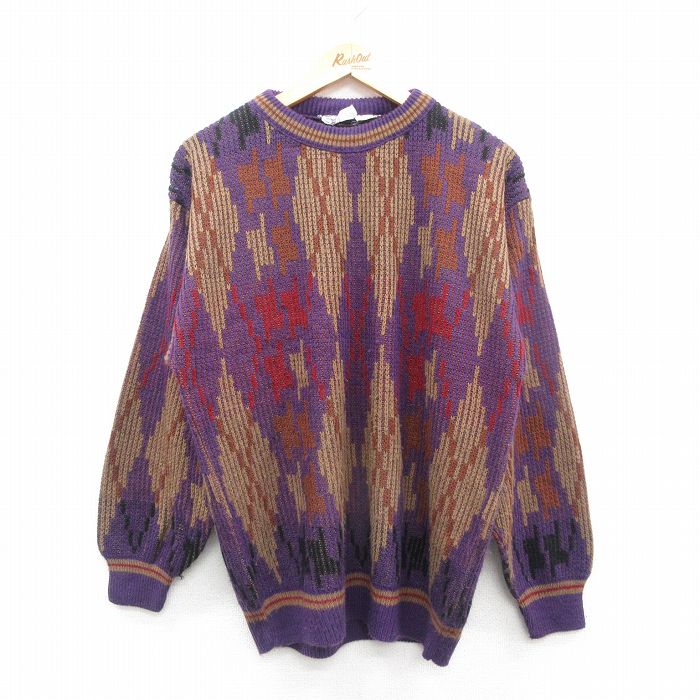 【50%OFF】XL★古着 長袖 セーター メンズ 90年代 90s アーガイル アクリル クルーネック USA製 紫他 パープル 24oct19 中古 ニット トップス