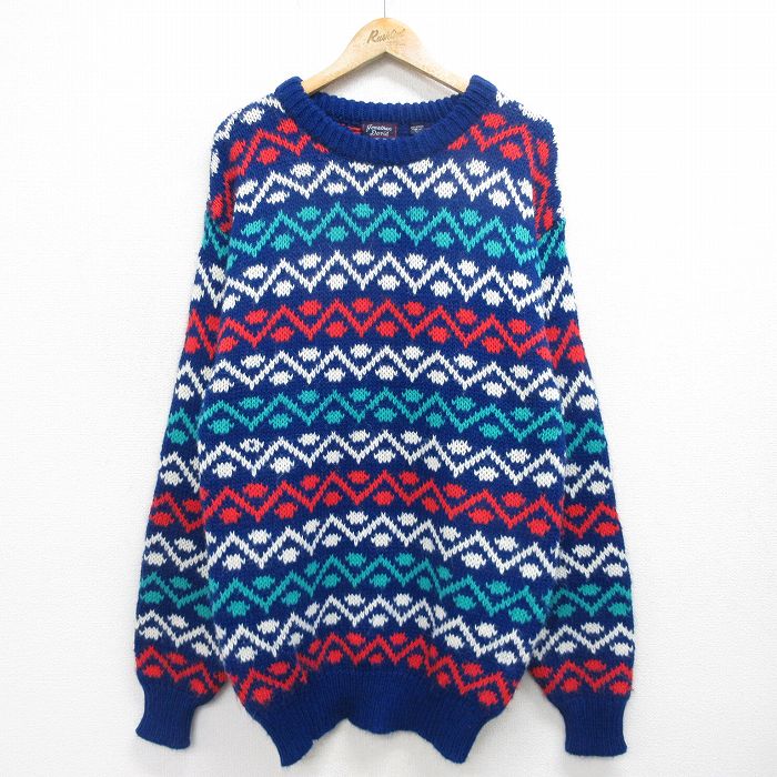 M★古着 長袖 セーター メンズ 90年代 90s ロング丈 アクリル クルーネック 青他 ブルー 24oct21 中古 ニット トップス