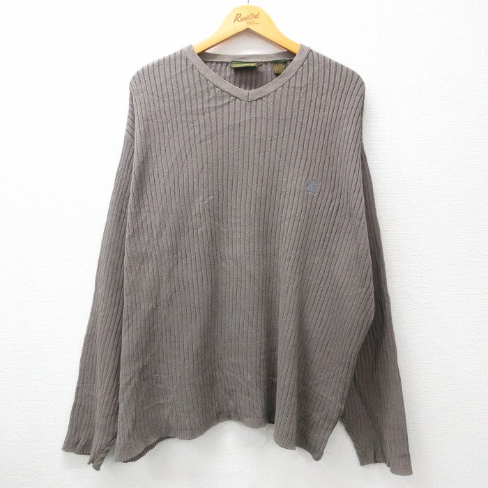 XL★古着 ティンバーランド 長袖 セーター メンズ 00年代 00s ワンポイントロゴ 大きいサイズ コットン Vネック グレー 24oct21 中古 ニット トップス