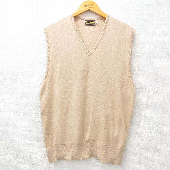 L★古着 シアーズ ニット ベスト メンズ 80年代 80s 無地 Vネック ベージュ系 カーキ 24oct21 中古 トップス