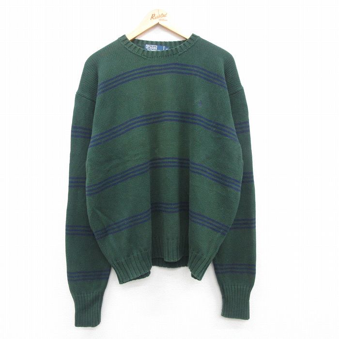 XL★古着 ラルフローレン Ralph Lauren 長袖 ブランド セーター メンズ 90年代 90s ワンポイントロゴ 大きいサイズ コットン クルーネック 緑他 グリーン 24oct21 中古 ニット トップス