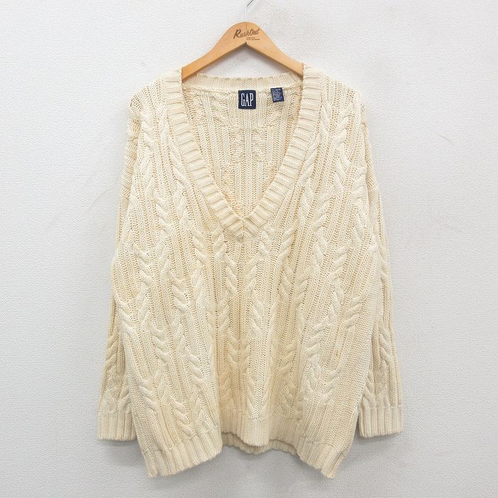 【50%OFF】XL★古着 ギャップ GAP 長袖 ケーブル セーター メンズ 00年代 00s コットン Vネック 生成り 24oct21 中古 ニット トップス