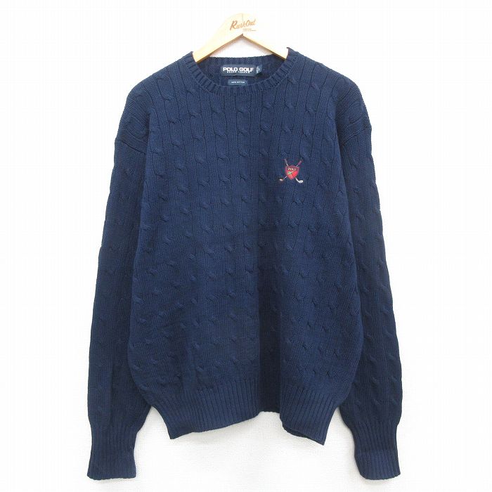 XL★古着 ラルフローレン Ralph Lauren ポロゴルフ 長袖 ブランド ケーブル セーター メンズ 90年代 90s ワンポイントロゴ コットン クルーネック 紺 ネイビー 24oct21 中古 ニット トップス