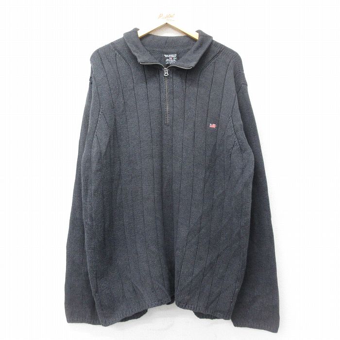 XL★古着 ラルフローレン Ralph Lauren ポロジーンズ 長袖 ブランド ハーフジップ セーター メンズ 00年代 00s ワンポイントロゴ 星条旗 大きいサイズ コットン 濃グレー 【spe】 24oct22 中古 ニット トップス