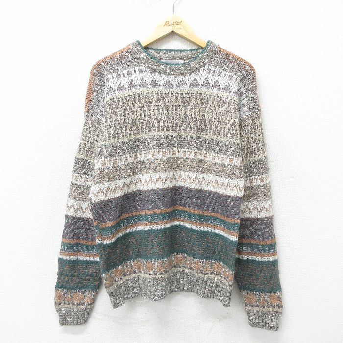 【50%OFF】L★古着 長袖 セーター メンズ 90年代 90s クルーネック 薄ベージュ カーキ 24oct22 中古 ニット トップス